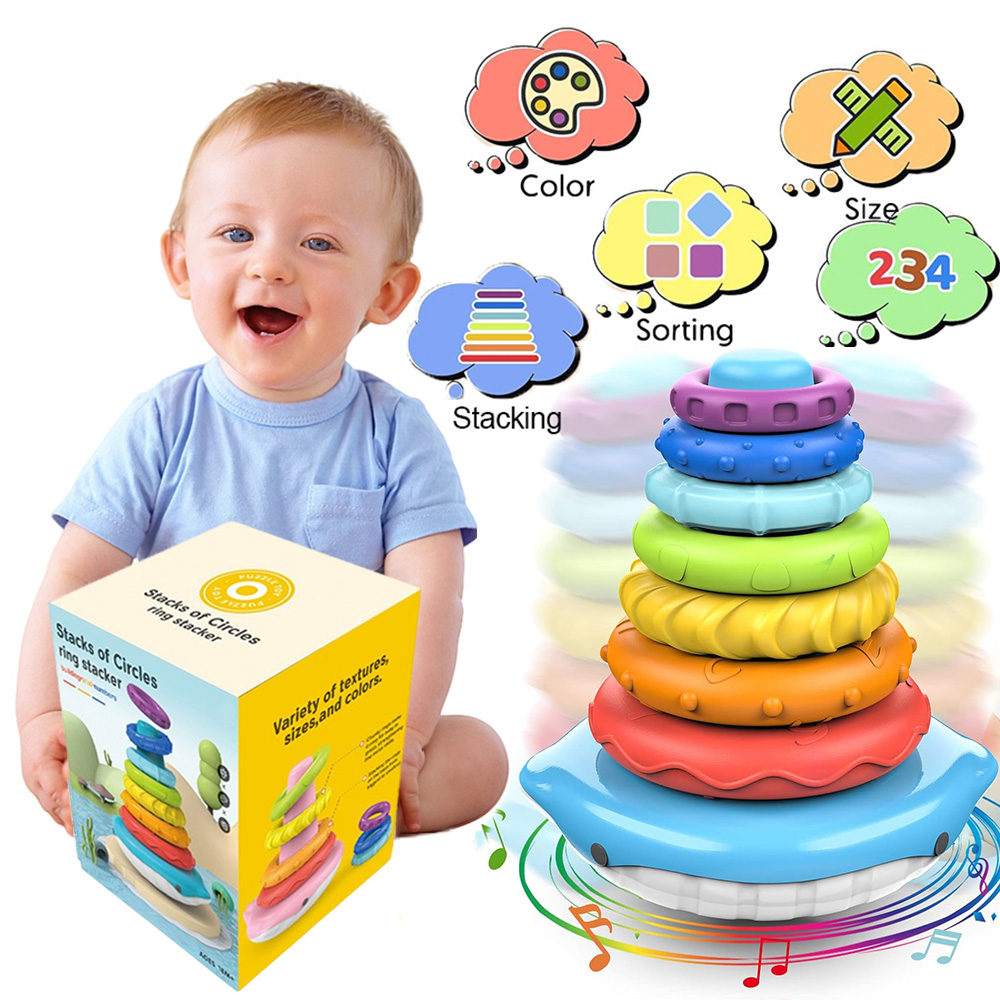 Jouet de bain pour bébé, cloche de baleine arc-en-ciel Montessori, jouets flottants Roly-Poly à empiler pour l'apprentissage précoce, cadeau d'anniversaire et de noël pour enfants