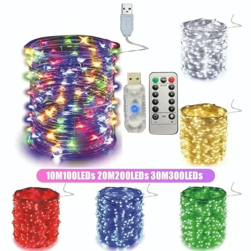 5M/10M/20/30M telecontrol 8 modos luces de Control remoto USB Led cadena guirnaldas de hadas boda Navidad vacaciones decoración lámparas