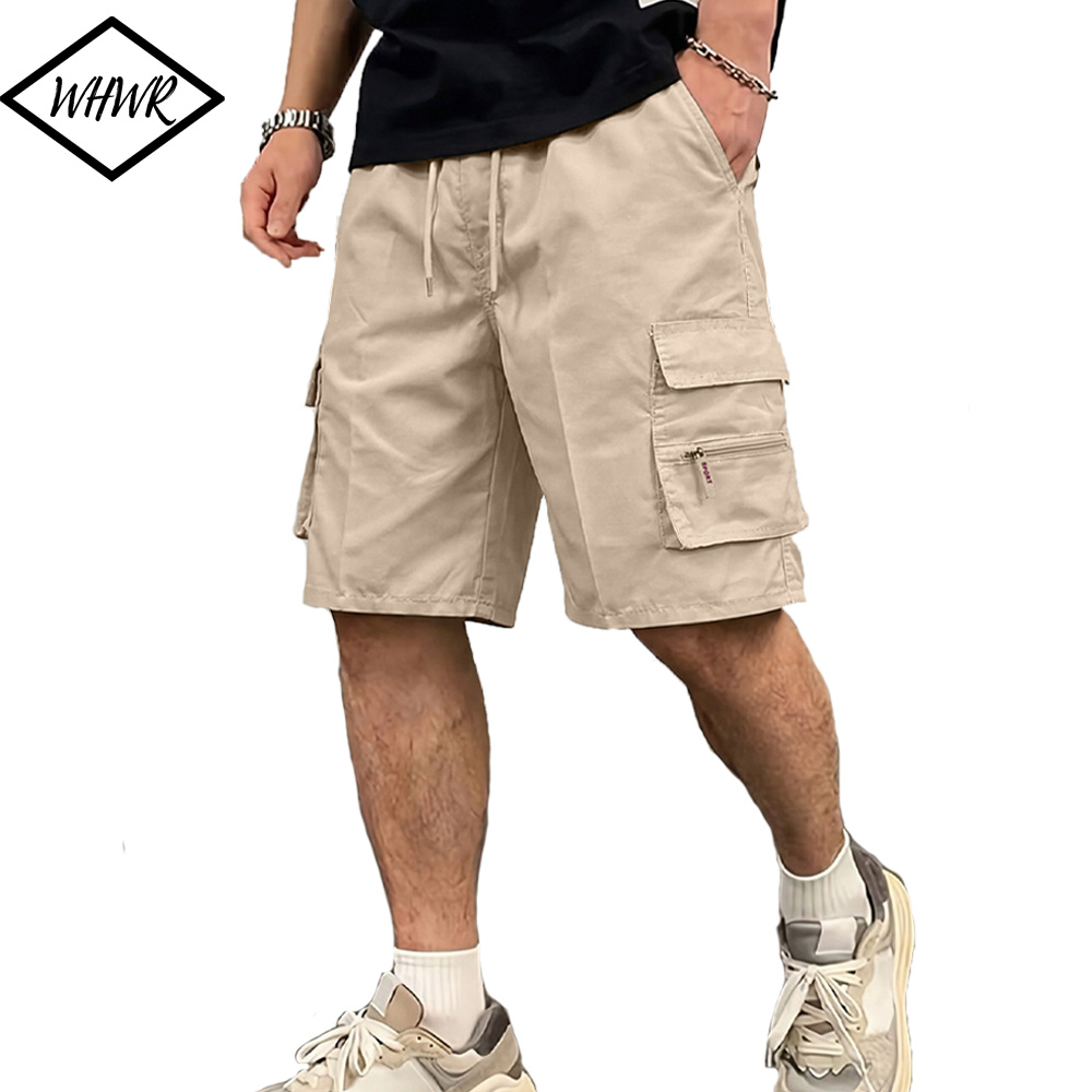 Gerade geschnittene Cargo-Shorts für Herren, leicht, atmungsaktiv, einfarbig, Kordelzug an der Taille mit Reißverschlusstaschen, lässige Sommer-Shorts