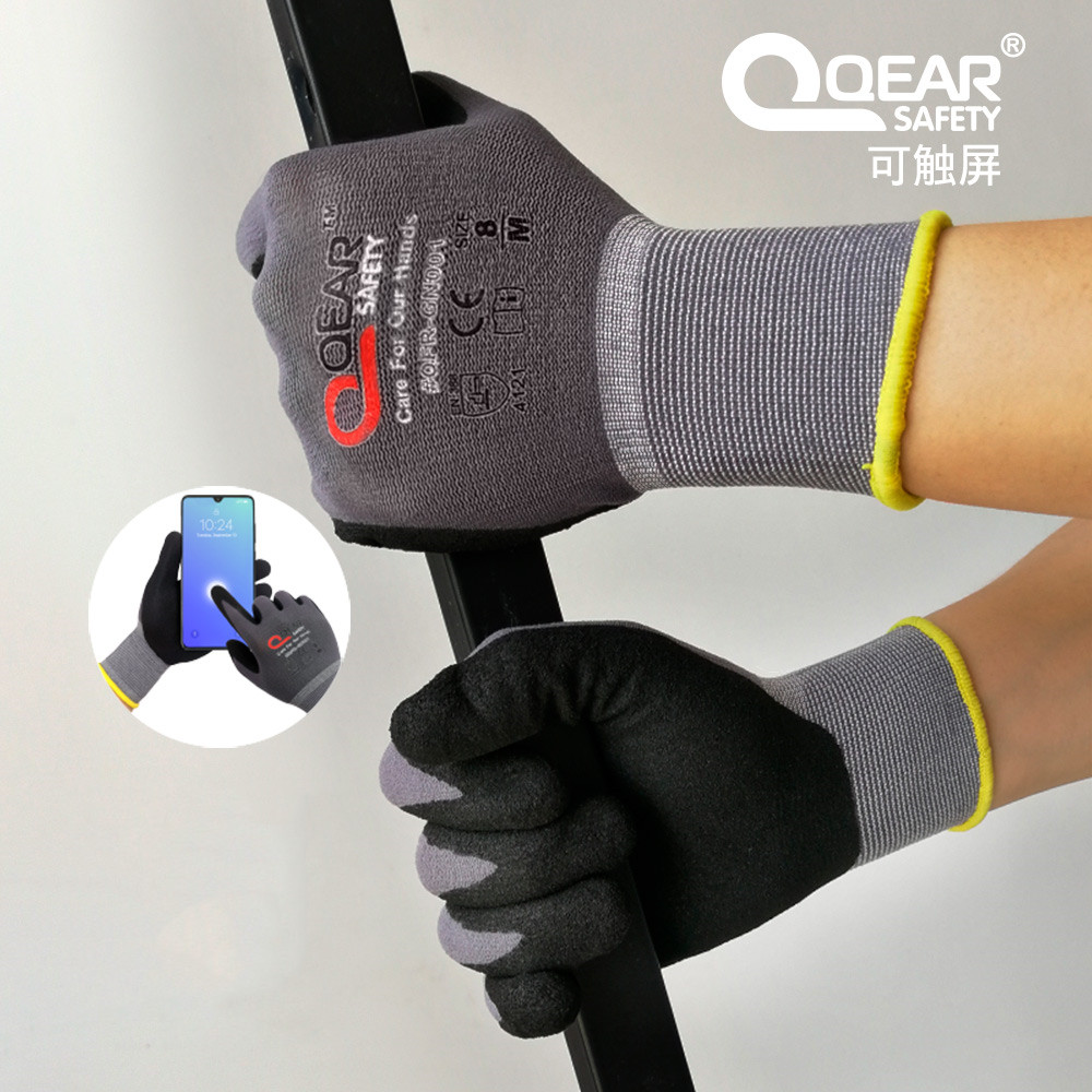 QEAR SAFETY ถุงมือทํางานเคลือบปาล์มยางไนไตรล์ไมโครแซนดี้เอนกประสงค์ การขัดถู ด้ามจับ ระบายอากาศได้ ป้องกันความเมื่อยล้าของมือ