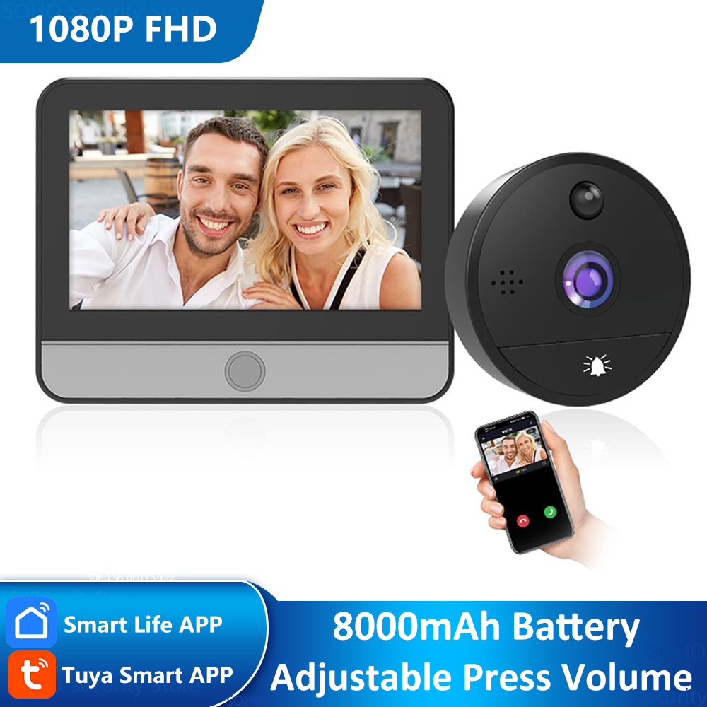 8000mAh alimentado por batería 1080P Tuya Smart Life Home 4,3 'con WiFi Digital visor de puerta mirilla timbre ojo cámara Alexa anuncio