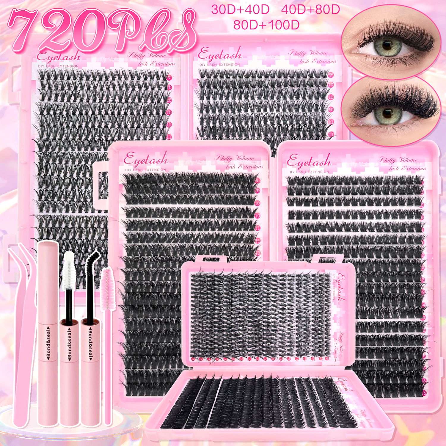 Kit de extensión de pestañas DIY, grupos de pestañas individuales de 9-16mm con unión y sello, pestañas naturales tenues