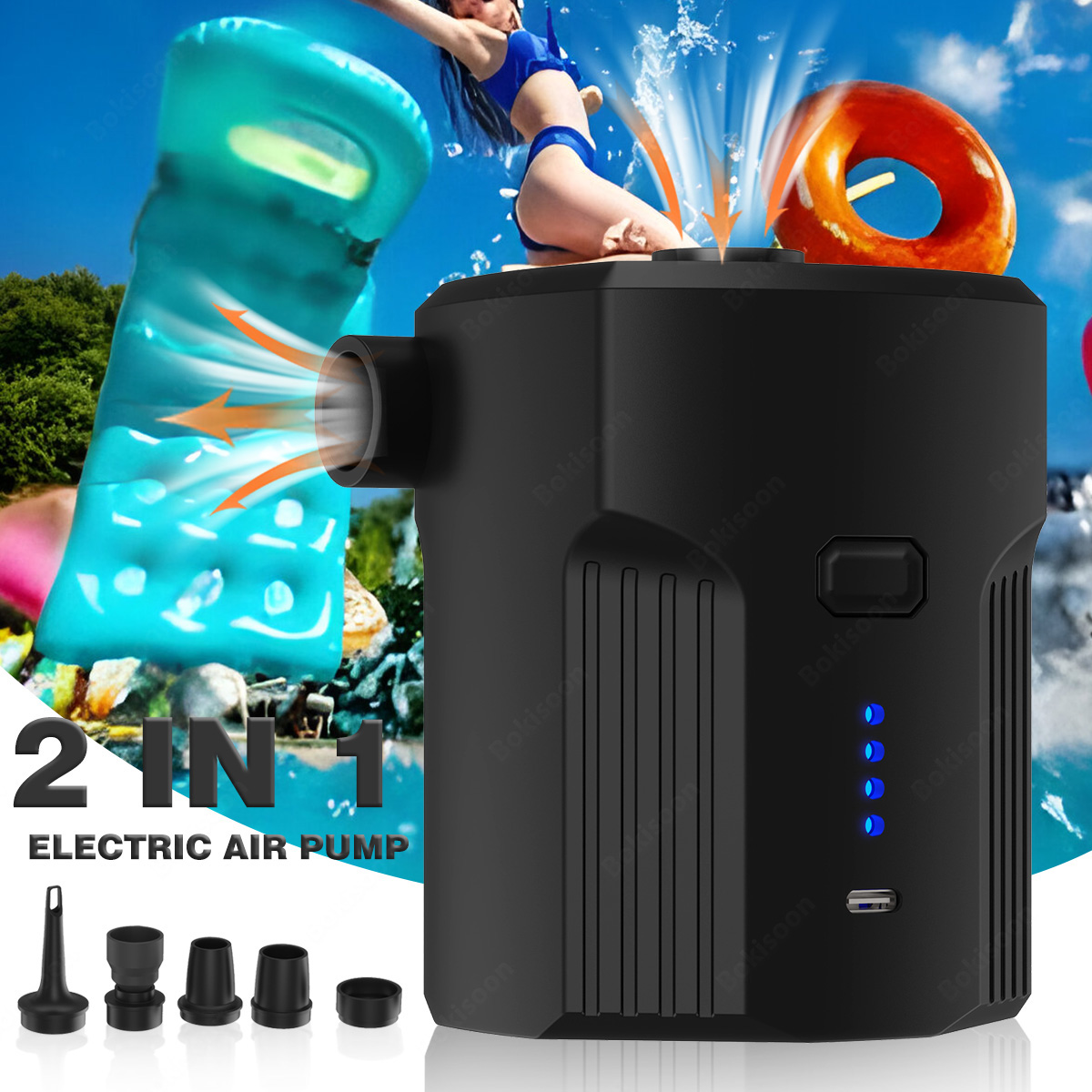 Bomba de aire eléctrica portátil para inflables con 5 boquillas para acampar al aire libre, camas de colchón de aire, barcos, cojín, sofá, flotadores de piscina
