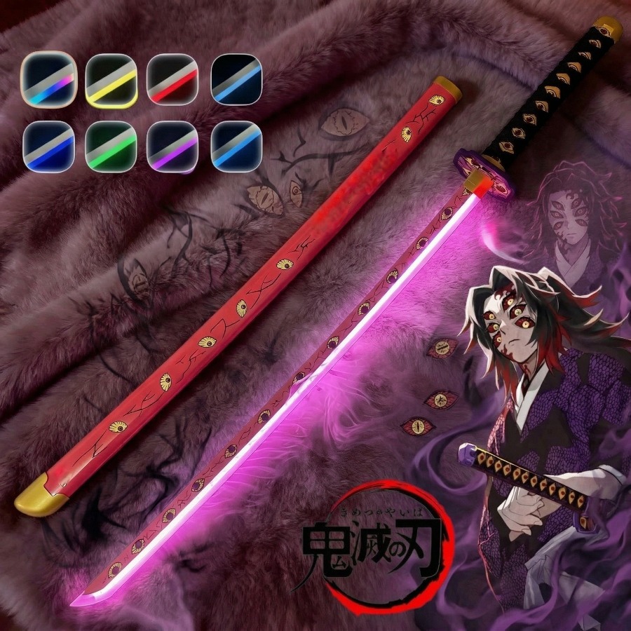 Katana Demon Slayer Kokushibo de 40 polegadas com LED e Efeito de Névoa, Sabre de Luz Original, Katana de Madeira com Efeito de Vapor, Adereço de Cosplay, Brinquedo e Presente