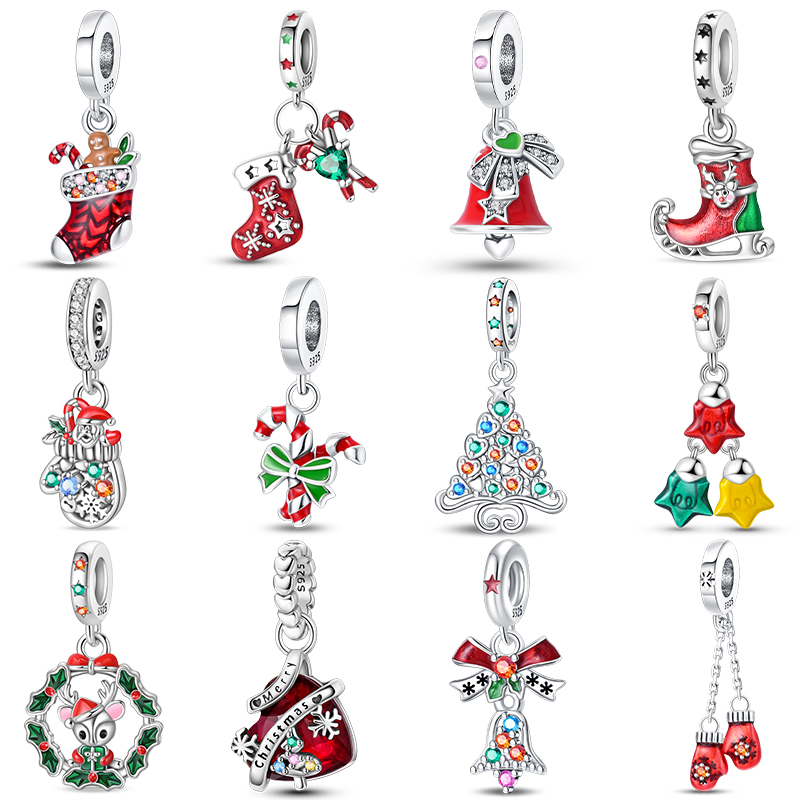 Weihnachtsanhänger, kreativer Weihnachtsmann, Weihnachtsbaum, rote Socken, Stiefel, 925er Sterlingsilber, Perlen, DIY-Armbänder, Schmuck für Frauen