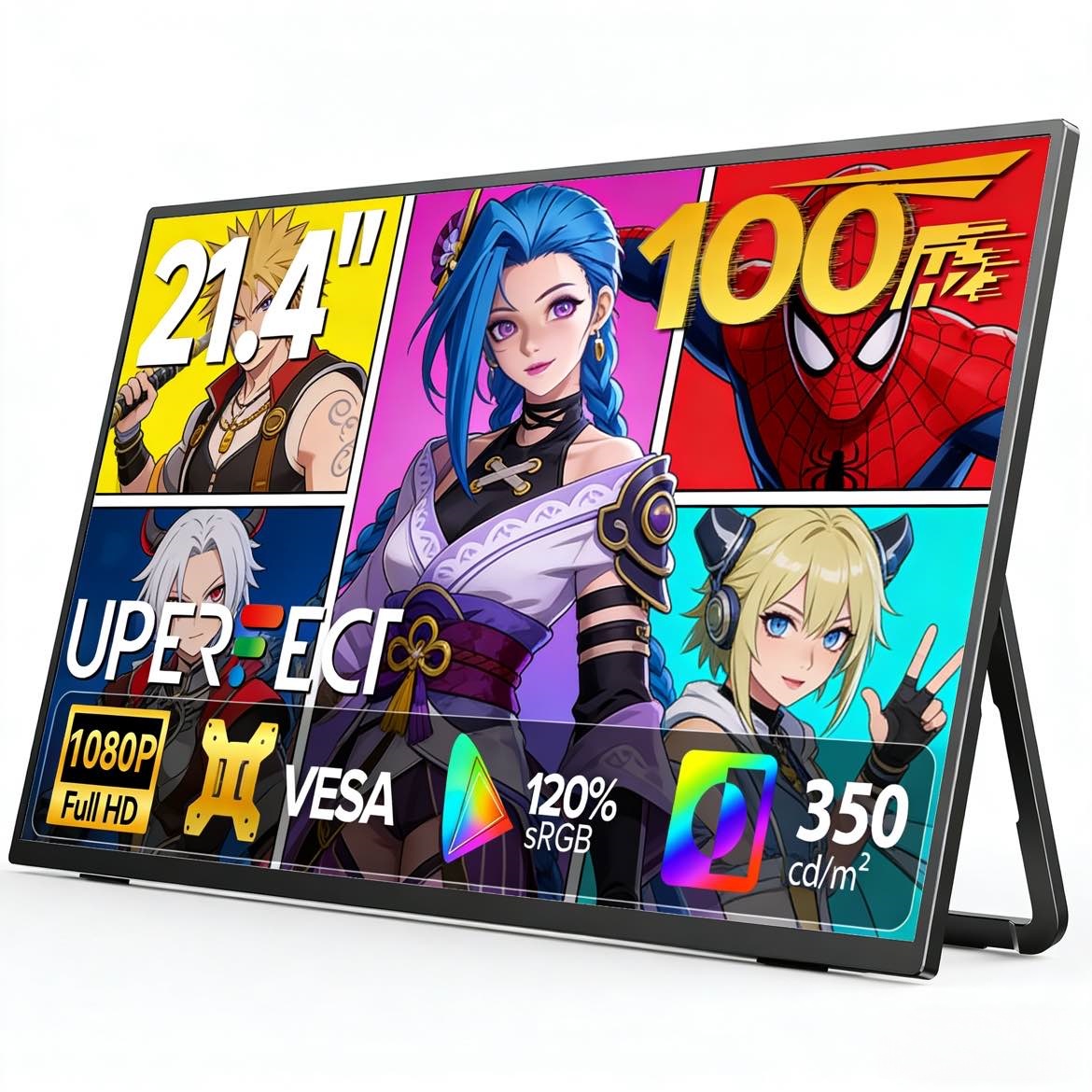 UPERFECT Monitor portatile da 21,4 pollici 100Hz 1080P FHD VA Freesync 120% sRGB USB-C HDMI Plug and Play Schermo da gioco Display esterno Doppi altoparlanti Supporto regolabile per PC Laptop Mac Phone Console di gioco