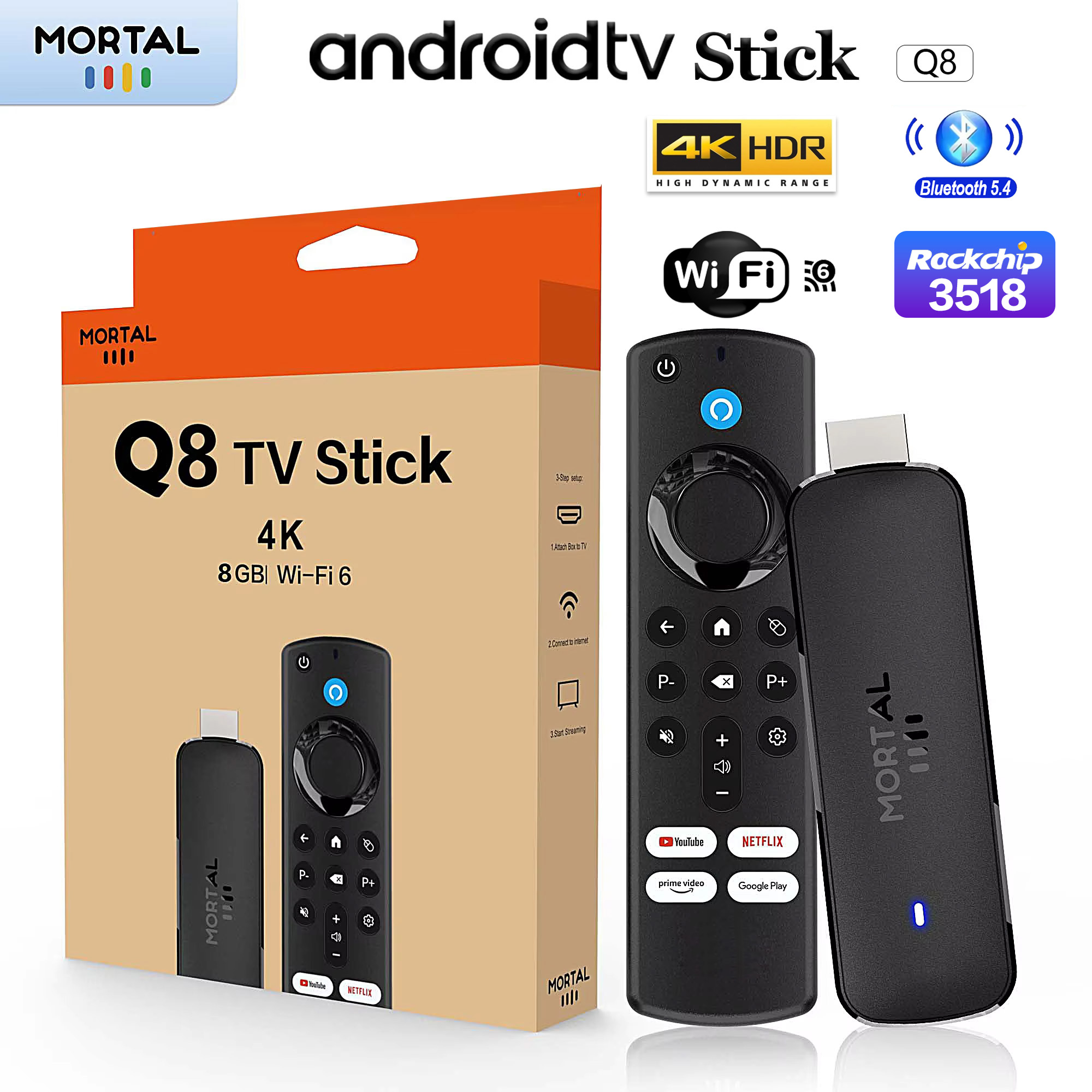 ทีวีสติ๊ก Android 14 รุ่น RK3518 ปี 2026 จากโรงงานโดยตรง หน่วยประมวลผล Quad Core Wifi6 Bluetooth ควบคุมด้วยเสียง โฮมเธียเตอร์ Mortal Q8 รองรับวิดีโอ 4K@60fps