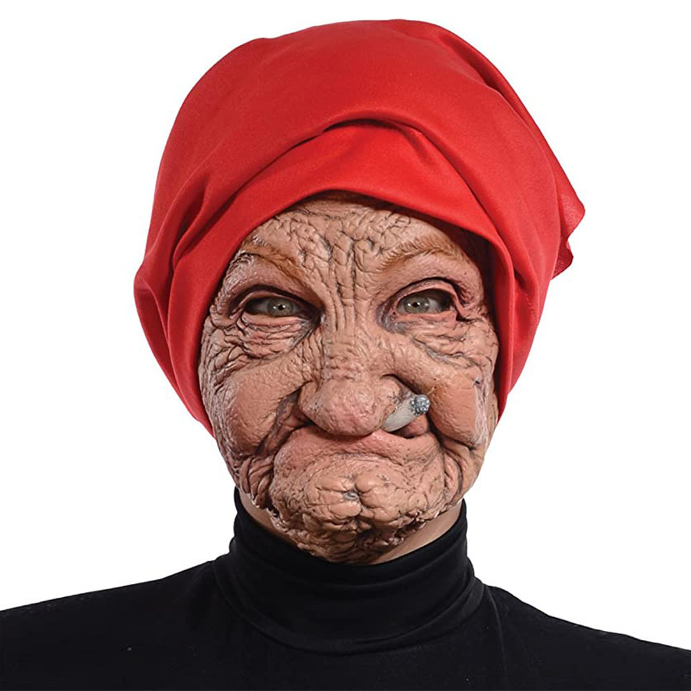 Divertido fumar abuela vieja Nana máscara de látex señora abuela con cara arrugada y bufanda roja máscaras accesorios de disfraz de fiesta de Halloween