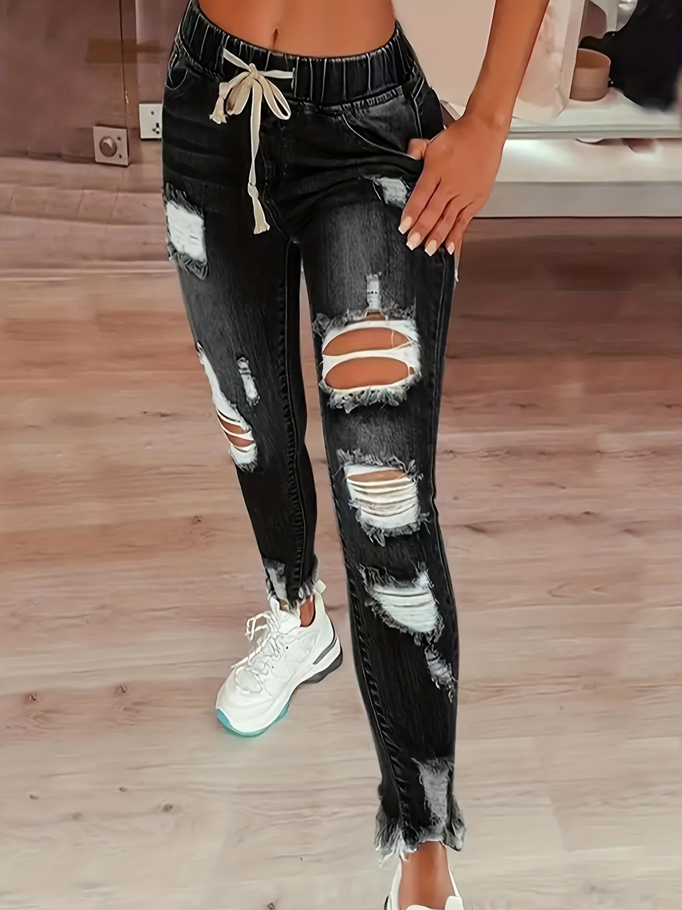 DistMurcia-Jeans skinny déchirés unis pour femmes, pantalons en denim à taille élastique, ourlet brut, coupe couvertes