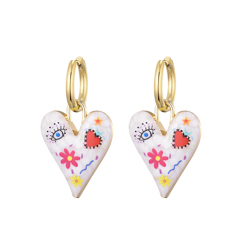 ใหม่อินเทรนด์น่ารัก Heart Eye สแตนเลสสตีล Hoop ต่างหูผู้หญิงสีสัน Vintage เคลือบทองสีจี้รักเครื่องประดับหญิง