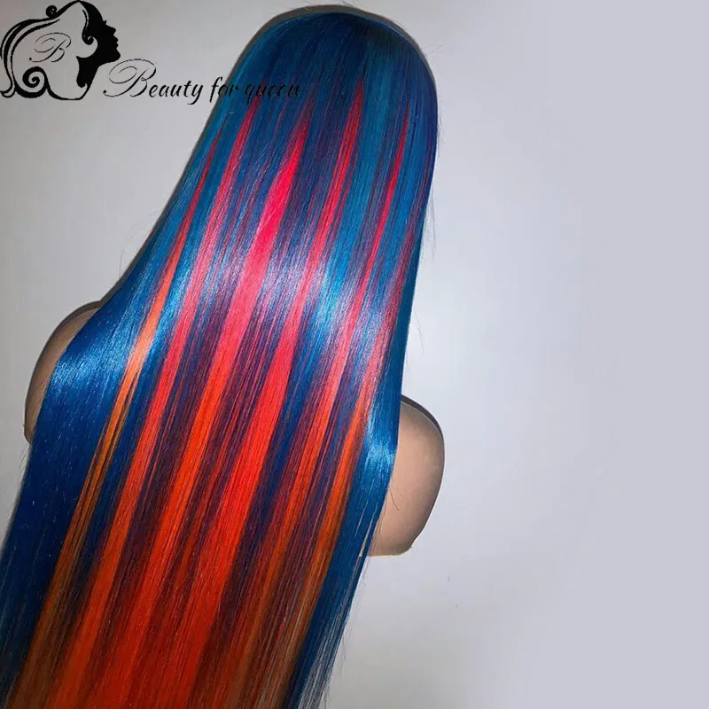Highlight Blue Pink Straight Hair Brazilian Colored Human Hair Wig Transparent 13x4 Lace Frontal Wigs 200 Density Pre Plucked