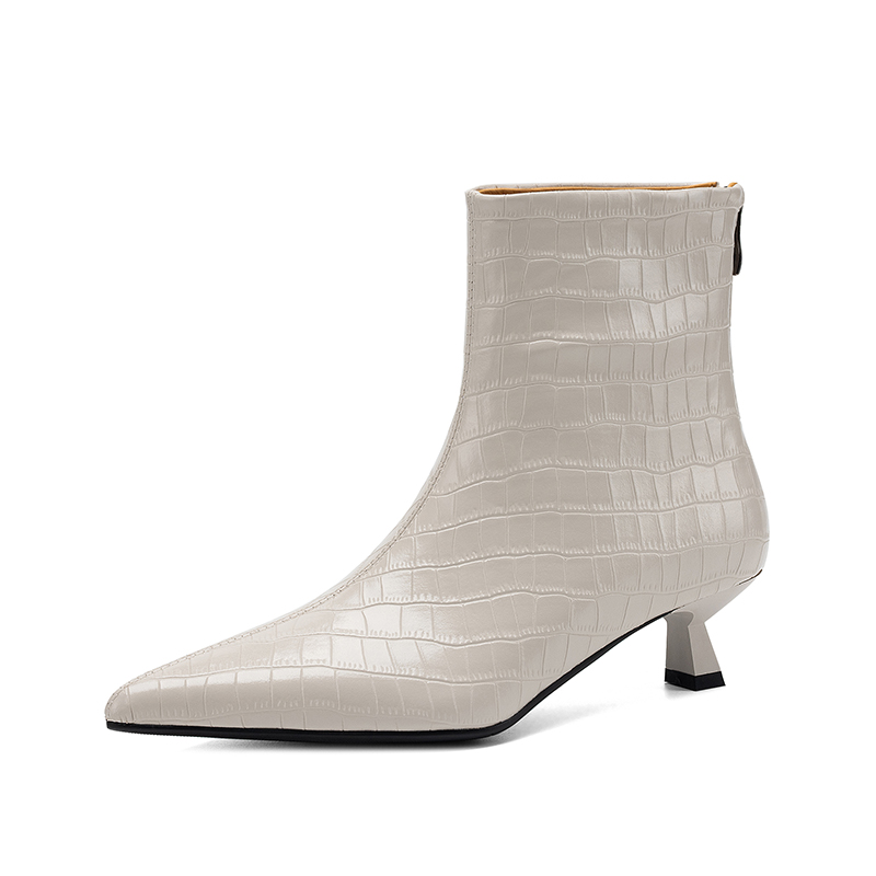 SmallHut 2026 Nuova Tendenza Stivaletti Donna in Pelle Nera Grigia Beige con Tacco Medio Sottile Punta Affusolata e Cerniera Posteriore