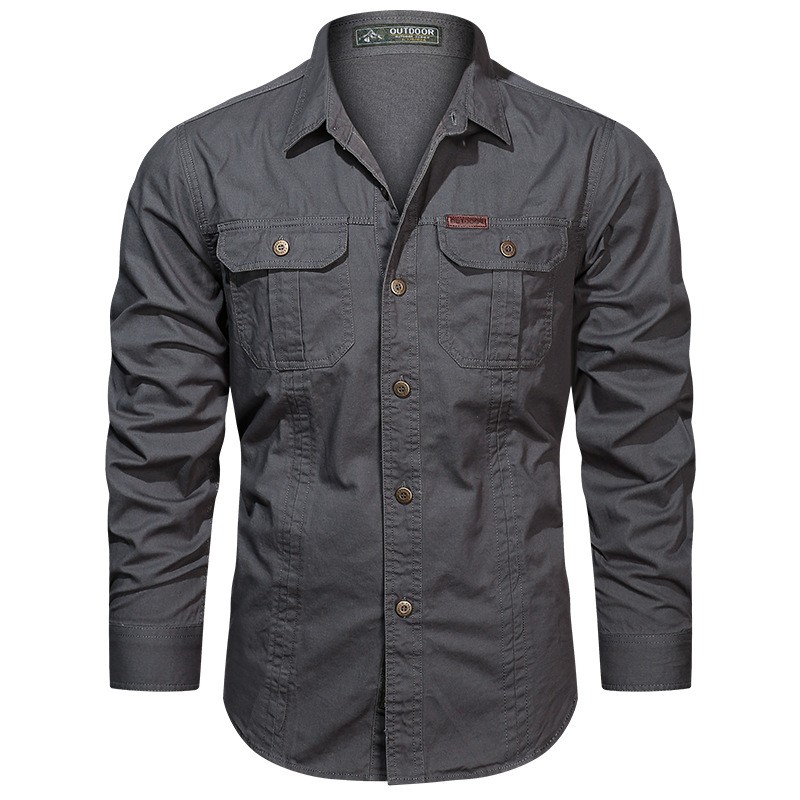 Moda masculina camisa primavera e outono algodão casual camisa lapela manga longa topo multi-bolso negócios casual camisa de alta qualidade