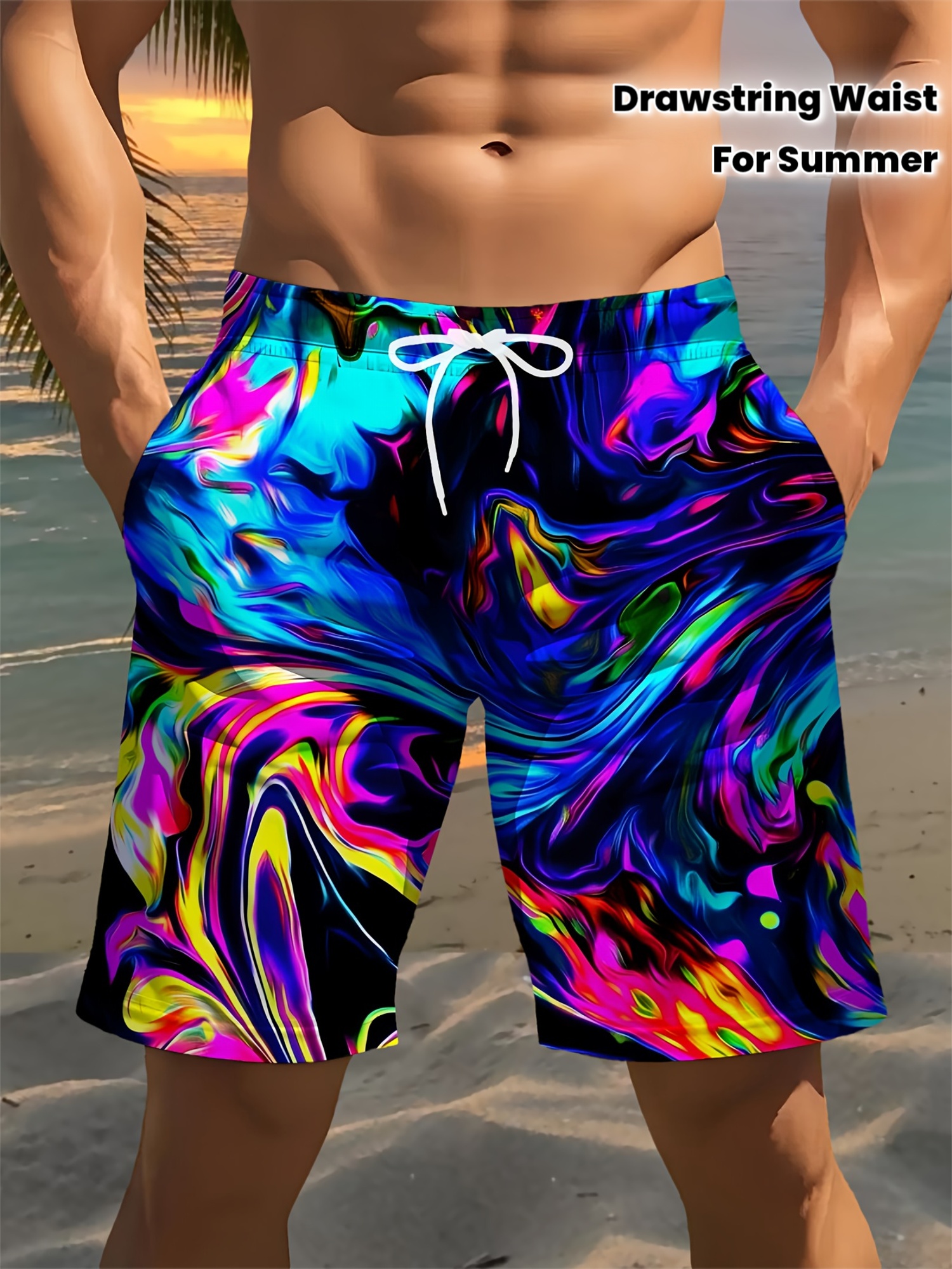 Shorts de Praia Masculinos de Secagem Rápida para o Verão, Estampa Vibrante de Mármore Abstrato Neon com Cordão e Bolsos