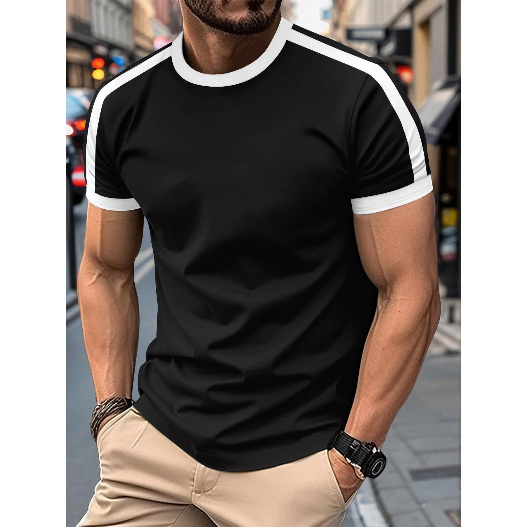 New Summer Elastic Casual Short-Sleeved Men's Daily Party Home Social Color matching T-Shirt Solid Color Vintage Streetwear Top