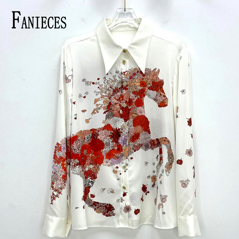 FANIECES 4XL Camicia bianca in raso per donna Camicette a maniche lunghe con stampa cavallo rosso di lusso Primavera Autunno Camicie da donna da ufficio slim Top