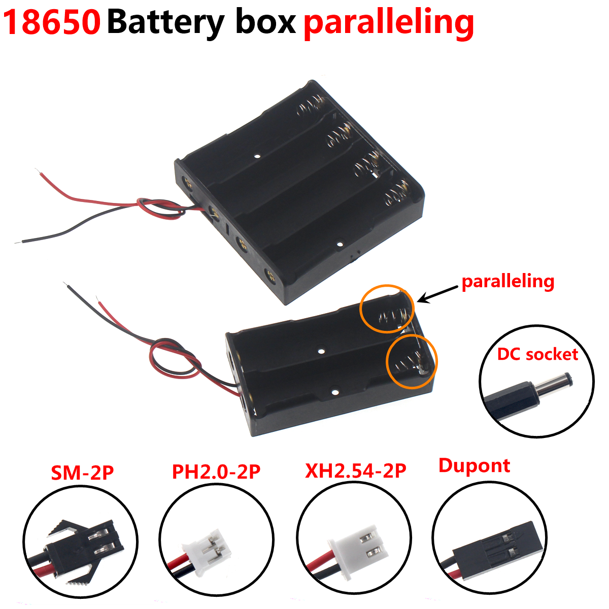 18650 parallelle batterij-opbergdoos harde schaalbeugel met kabels voor 1X 2X 3X 4X slots 18650 batterij xh2.54 dupont dc5.5-2.1