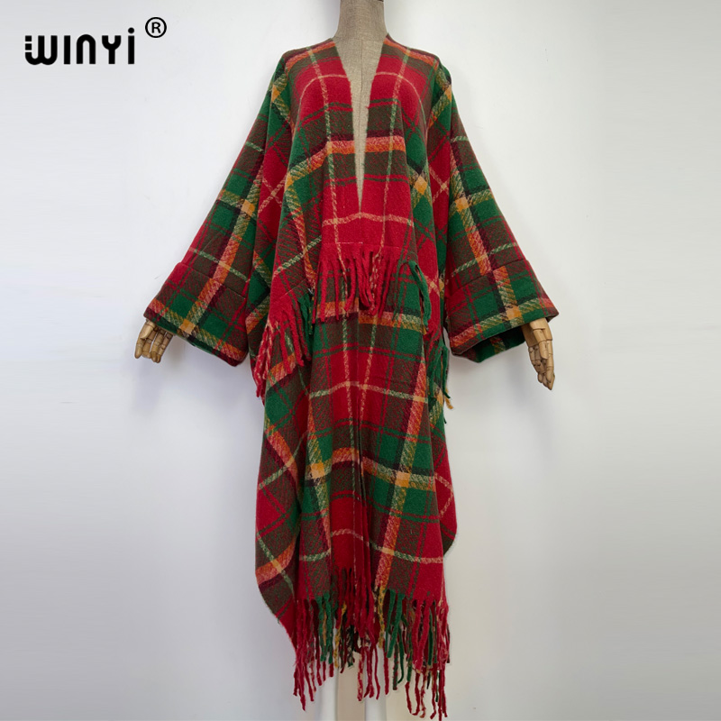 WINYI-cárdigan con borlas para mujer, abrigo holgado de Navidad, bata larga, gruesa y cálida, talla libre, estampado a rayas, para fiesta de invierno