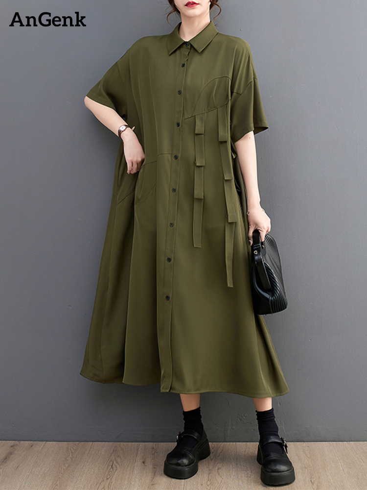 Abiti camicia oversize vintage verdi per donna Nuovo abito casual ampio a maniche corte Abiti eleganti di moda Primavera Estate 2025