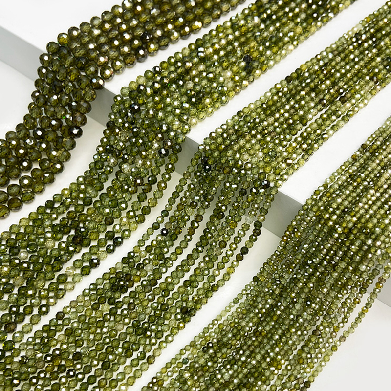 Olivgrüne natürliche facettierte Zirkonperlen 2 3 4 mm lose Distanzperlen für Schmuckherstellung, DIY-Charm, handgefertigtes Halsketten-Zubehör