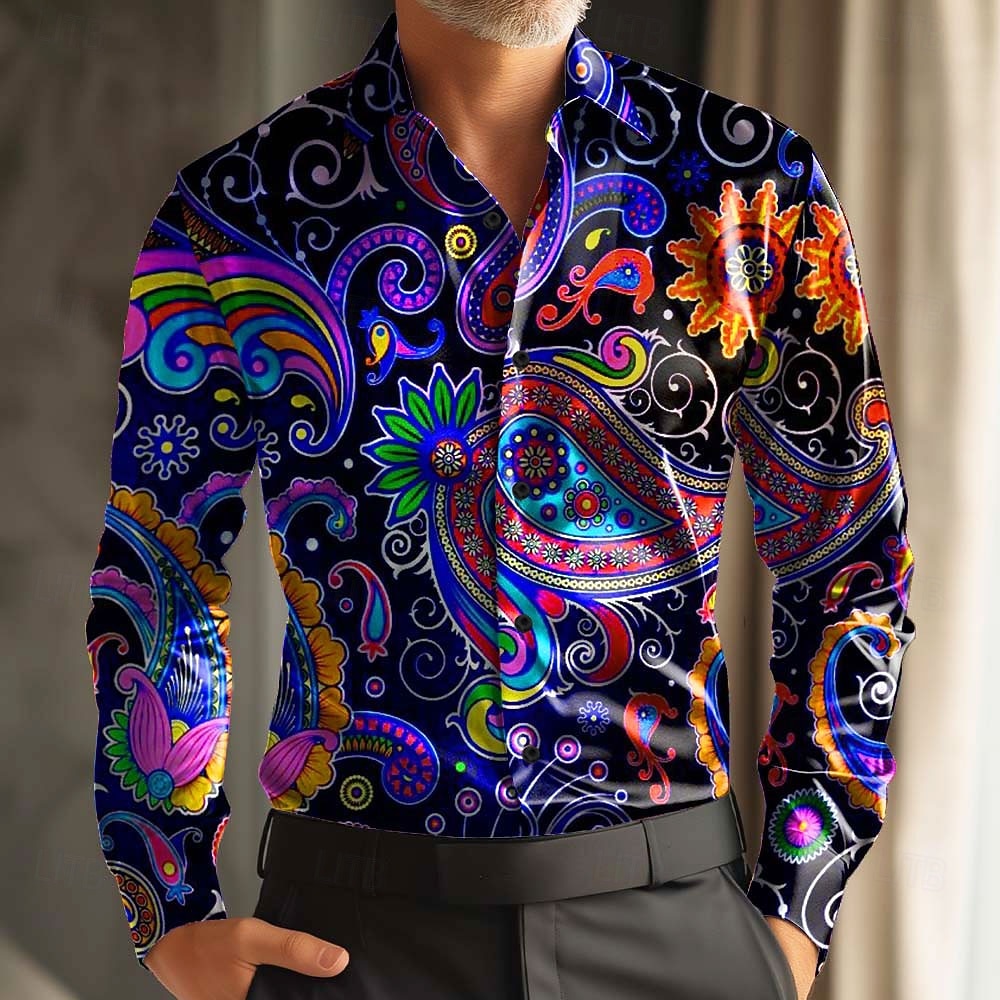 Camisa masculina de manga comprida com estampa de carnaval retrô Paisley, ajuste solto, estilo de rua casual, camisa confortável e elegante