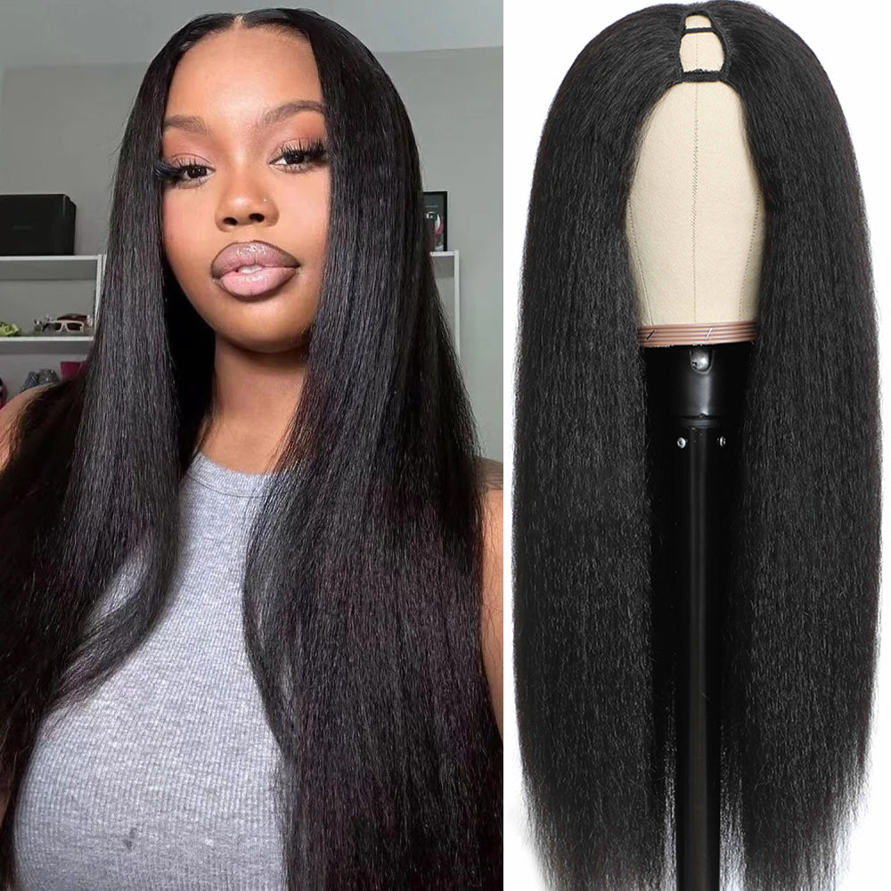 Peluca de cabello humano liso y rizado con parte en V, 220% de densidad para mujer, peluca con parte en U mejorada, sin dejar fuera, Clip en forma de V en media peluca sin pegamento
