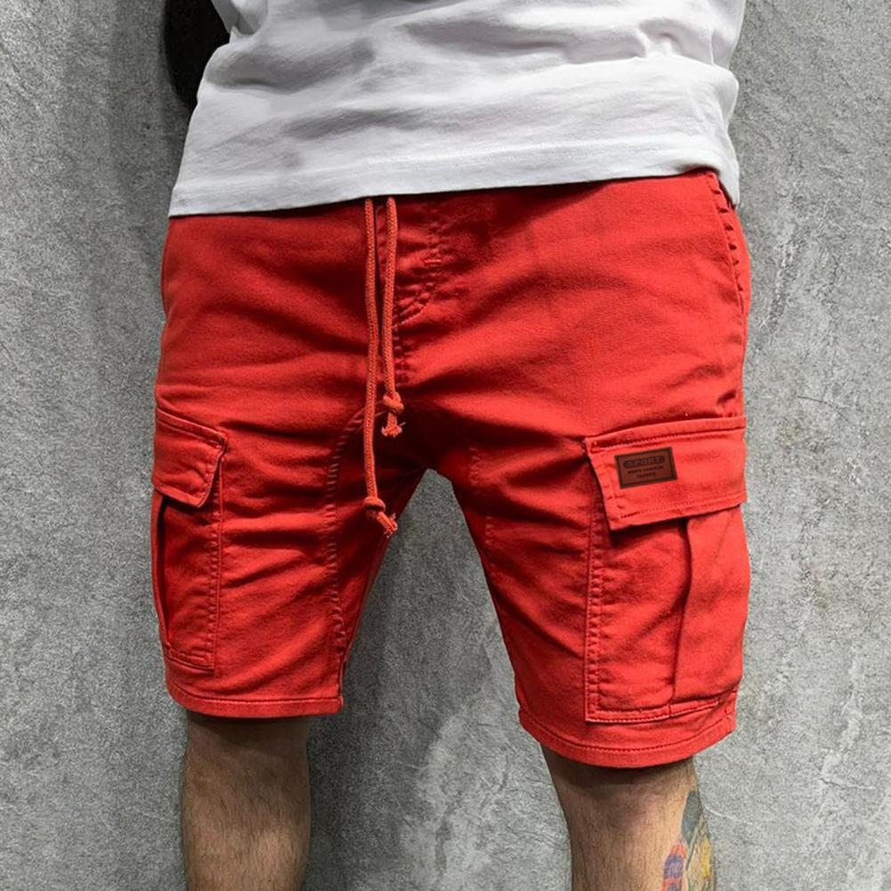 Calções masculinos com cordão em linha reta perna larga multi bolsos shorts de carga cor sólida vintage meados de cintura esportes calças casuais moletom