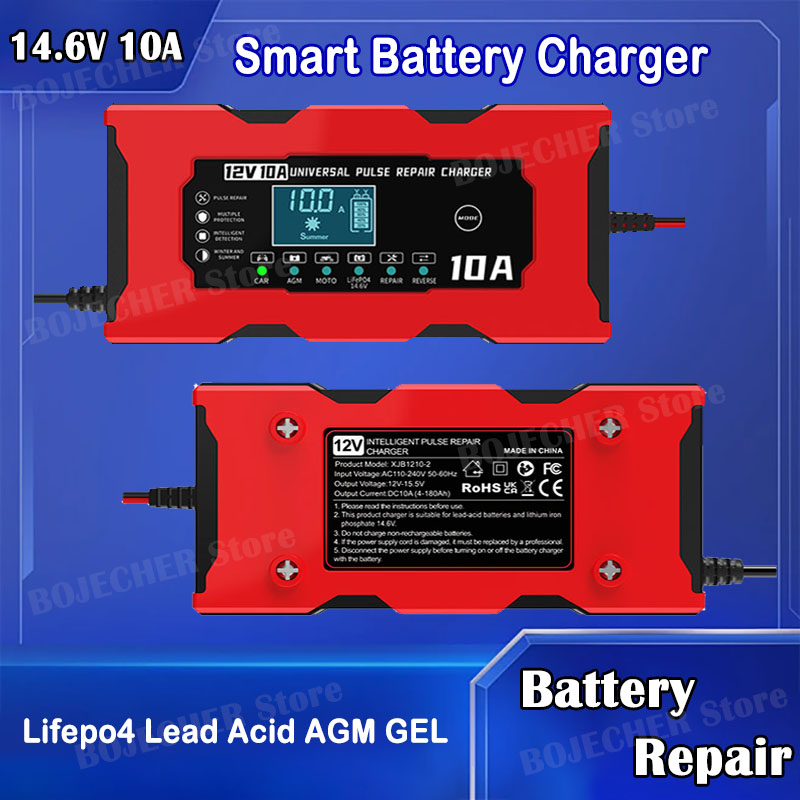 Ładowarka samochodowa 12V 10A do akumulatorów litowych Lifepo4 Akumulator kwasowo-ołowiowy AGM GEL PB Ładowarka samochodowa Pulse Repair Smart Charger Wyświetlacz LCD