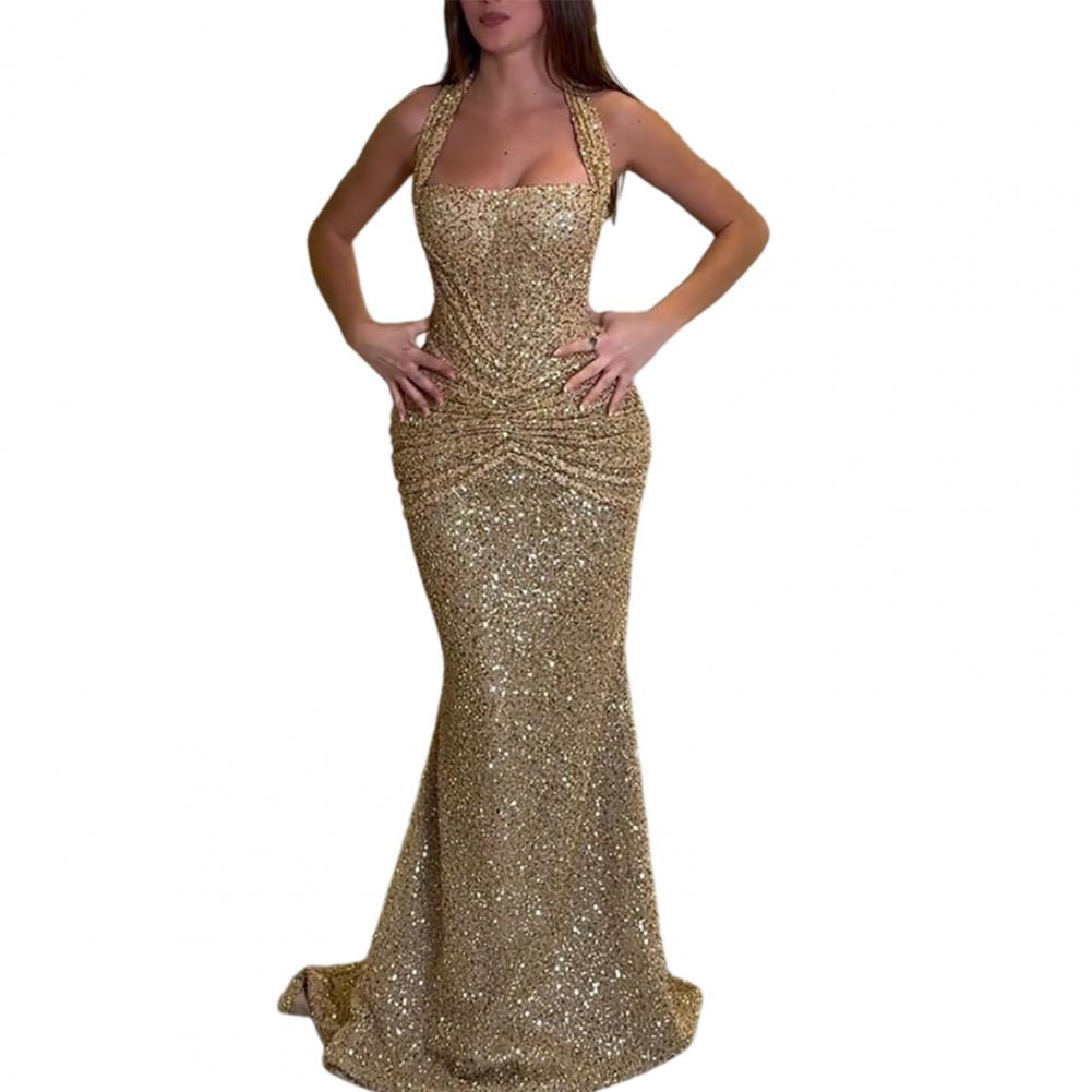 Damenkleid mit Neckholder-Ausschnitt, Pailletten-Maxikleid, Funkelndes Gerafftes Bodycon-Meerjungfrauenkleid für Formelle Anlässe, Partys, Cocktails und Hochzeiten