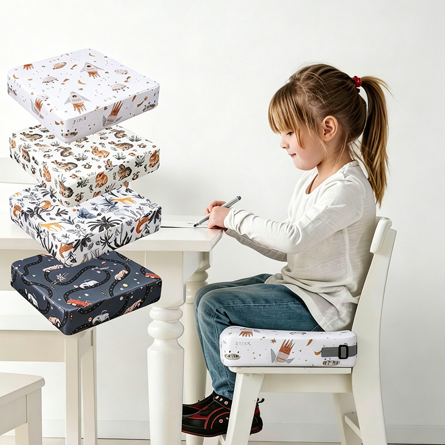 1 asiento elevador portátil para niños, con estampado de dibujos animados, cojín elevador grueso para comer, con correas antideslizantes, cojín de silla estampado suave y grueso, adecuado para mesas de comedor y de estudio.