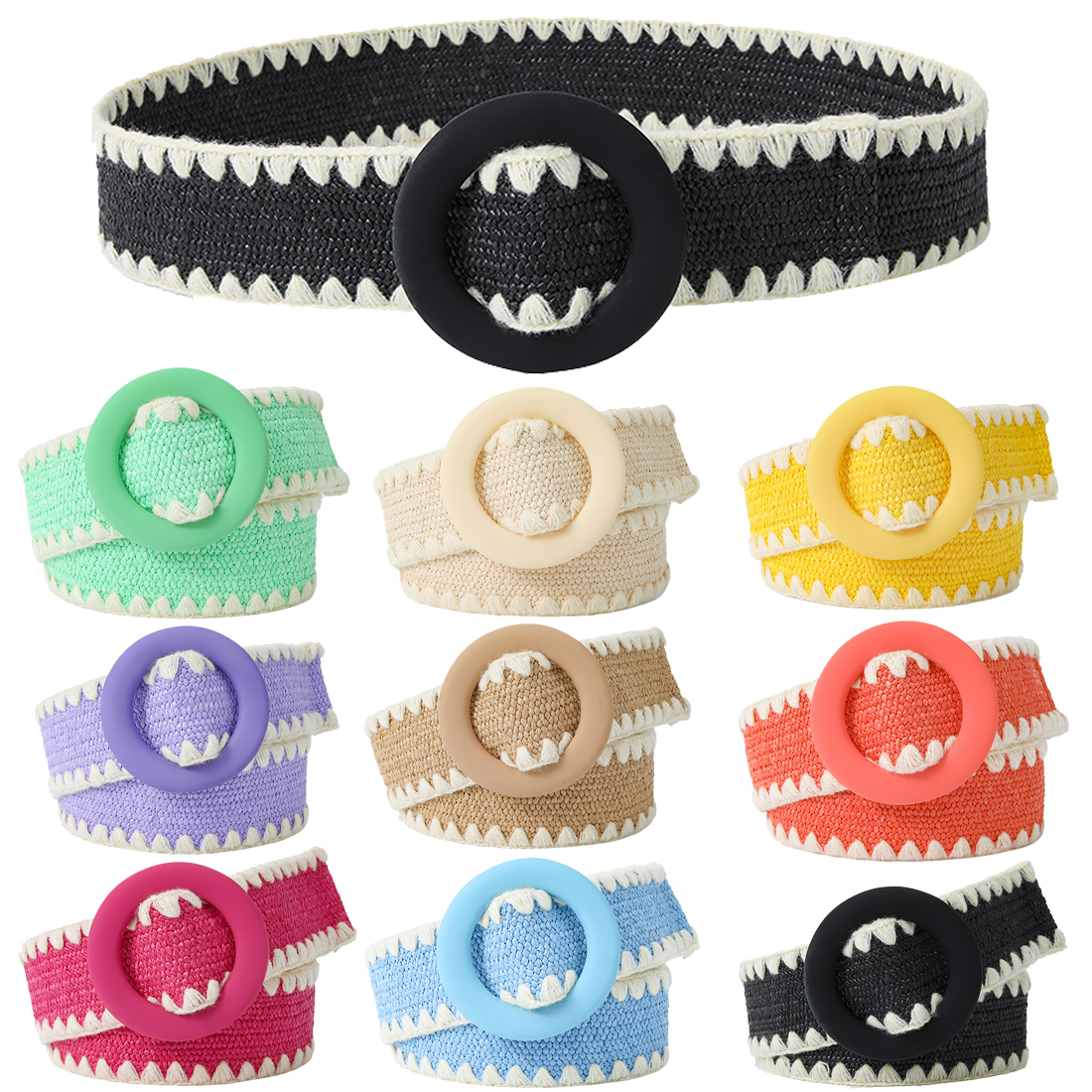 Ceinture en paille tissée pour femme, large sangle élastique, structure ronde assortie, mode