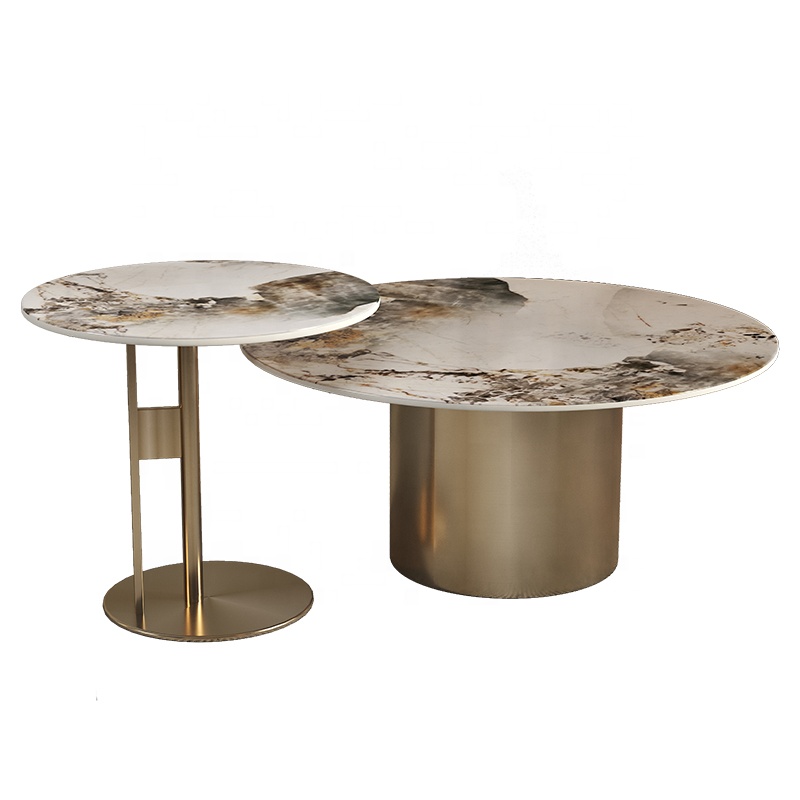 Moderne luxe ronde gesinterde steen travertijn keramiek marmer goud metaal staal salontafel set cocktail einde zijkruk tafel