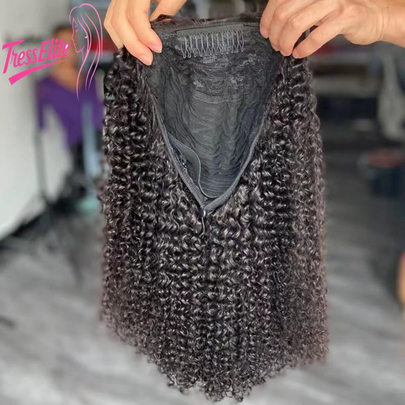 Высококачественный парик из натуральных волос с 200% плотностью, кудрями Kinky Curly, машинной работы, 16 дюймов, регулируемый размер, естественный вид