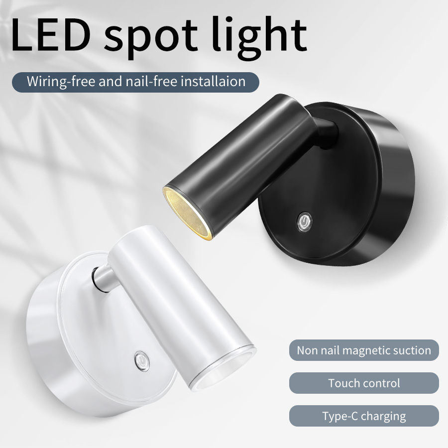 LED Magnetic USB Rechargeable Wall Spotlight, Wireless No Punch Installation, Touch Switch Dimmable, for bedroom decorate