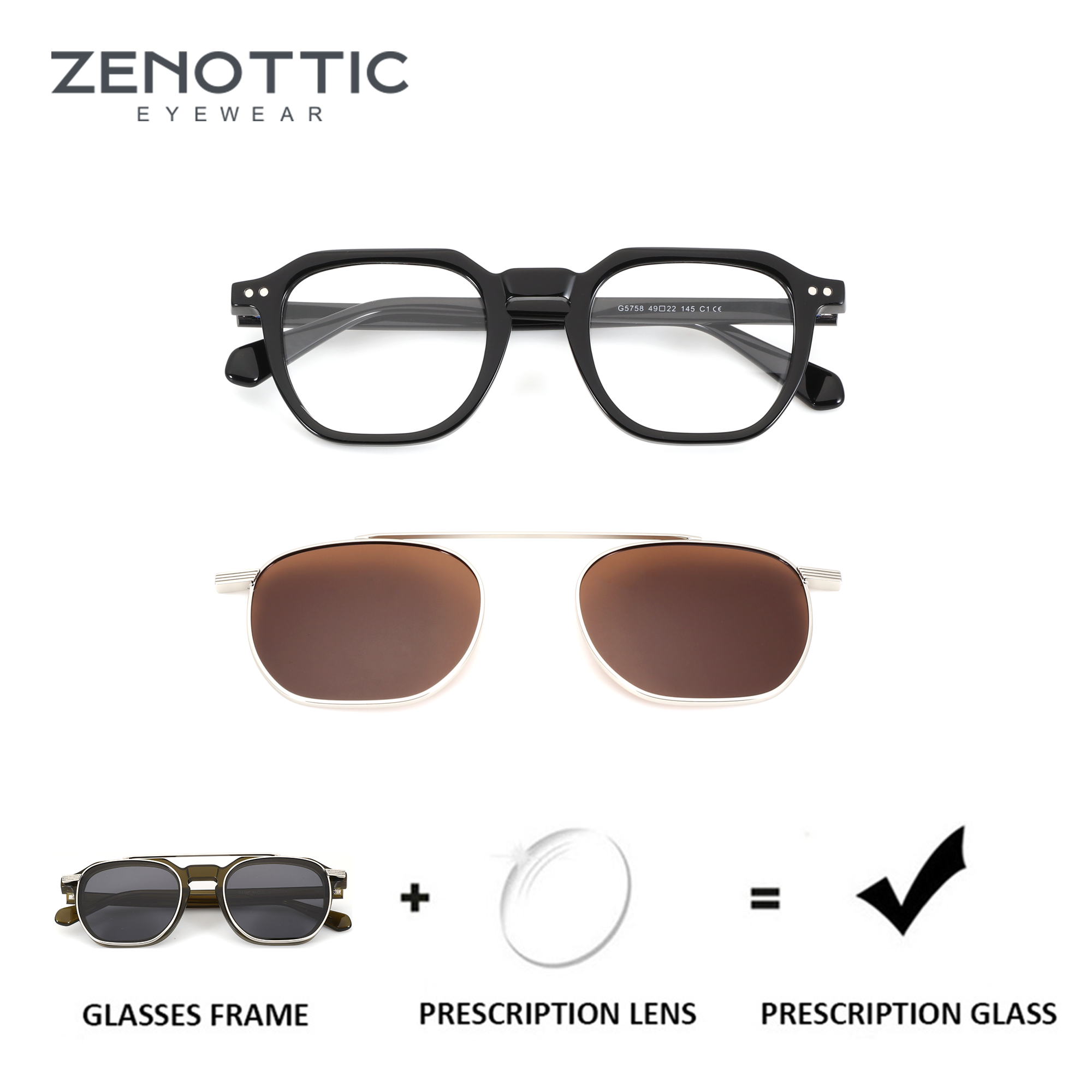 Óculos de sol com clipe magnético de acetato ZENOTTIC com lentes progressivas UV400 para miopia, lentes progressivas para perto e longe