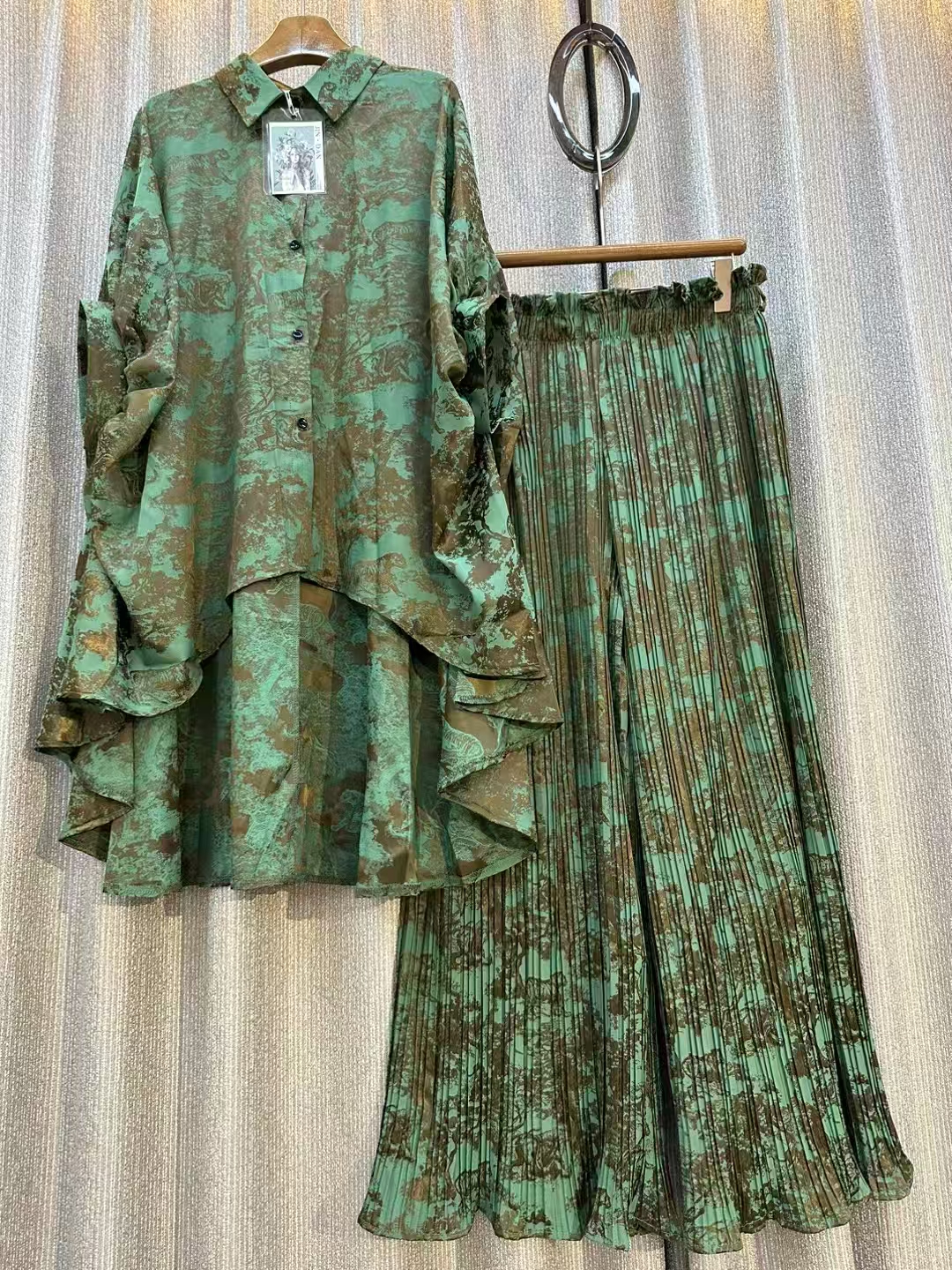 Jarlrysberg luxe imprimé simple boutonnage chemise à manches longues + taille élastique pantalon à jambes larges printemps été nouveau deux pièces femmes costume
