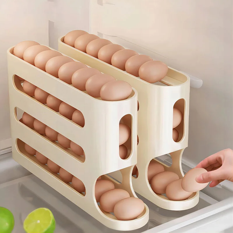 Soporte rodante automático de 4 capas, caja de almacenamiento de huevos para nevera, contenedor, cocina, dispensador de huevos, organizador de huevos para nevera