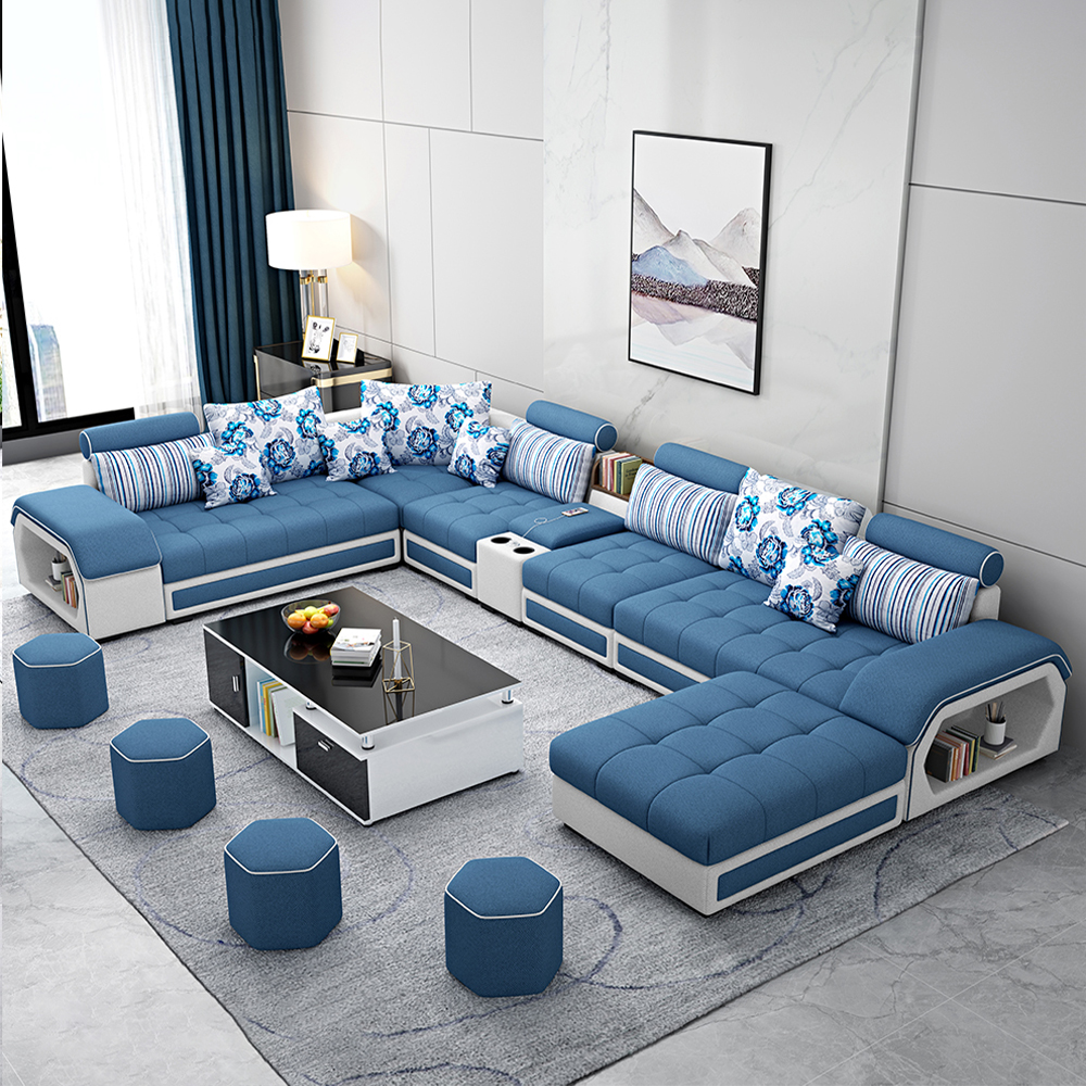 Linlamim Stoff Sofa Set Möbel Wohnzimmer Sofa Set mit USB und Hockern/große U-Form Stoff Couch Sofas für Wohn möbel