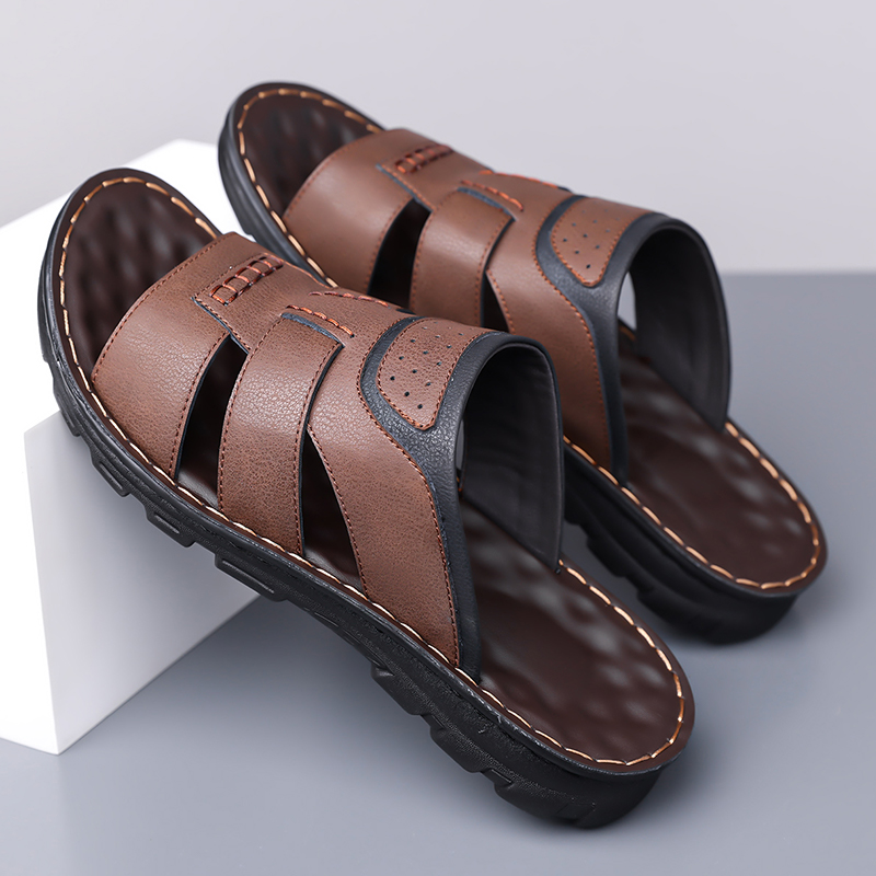 Large Size Men Slippers High Quality Cowhide Leather Slippers Summer Casual Beach Slippers Outdoor Non-slip Flat Sandals for Men