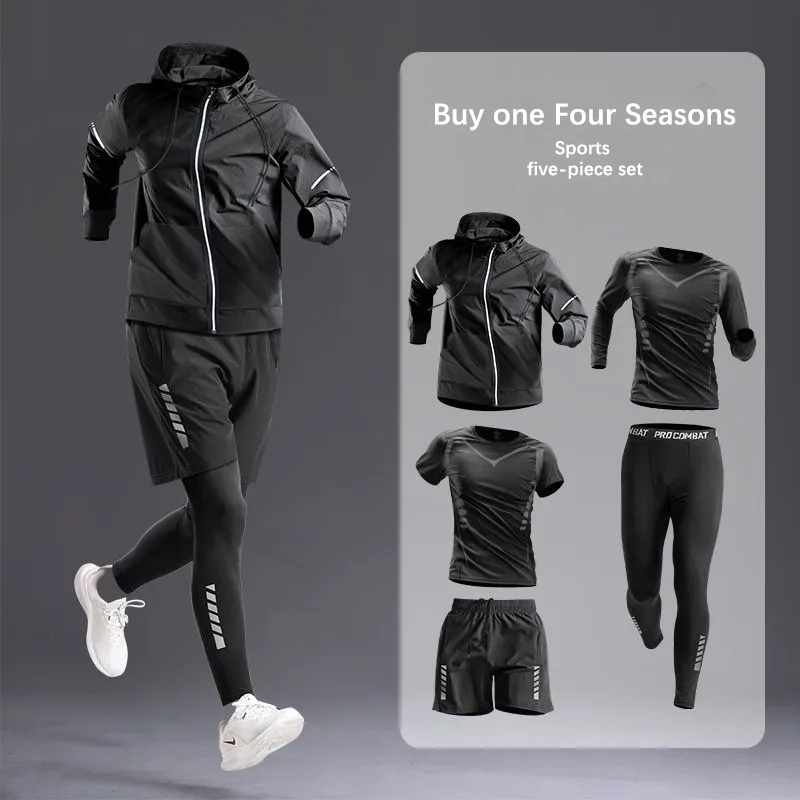 Set/costume sportivo da uomo per tutte le stagioni - Tuta da corsa, ciclismo, fitness ed escursionismo, abbigliamento da palestra da uomo, jogging, boxe,5 pezzi