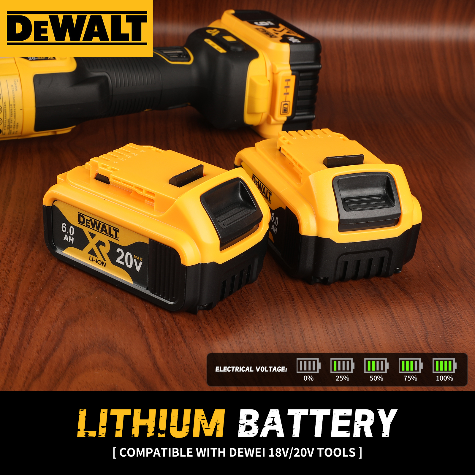 DEWALT DCB206 20V 6.0AH Kemasan Baterai Lithium Cadangan Isi Ulang, Ideal untuk Semua Peralatan Listrik DEWALT 20V, Meningkatkan Kinerja