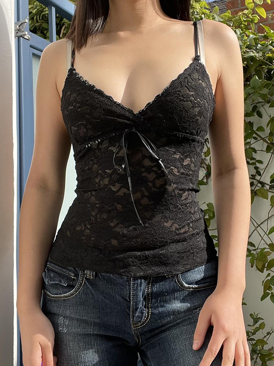 Donna Spaghetti Vintage Black Lace canotte Strap canotte floreale con scollo a v senza maniche Sling Backless Slim Fit gilet Streetwear