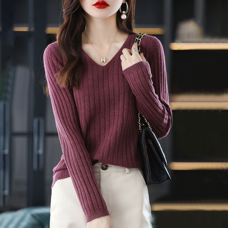 Suéter de manga larga para mujer, Jersey de punto con cuello en V, suéter de moda para mujer, ropa básica para mujer, suéteres OL sólidos 2022
