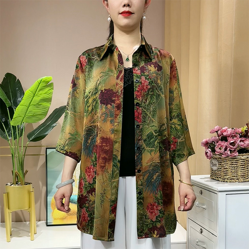 ElmainWomen-Chemisier d'été à manches longues pour femmes, chemises imprimées, cardigan décontracté, chemisier mère d'âge moyen, grande taille, 6XL
