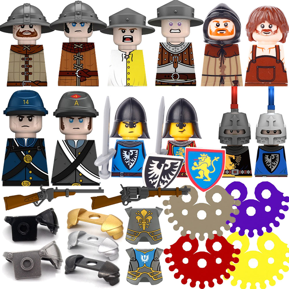 Castillo de guerra Medieval, figura de bloques de construcción de soldados de la guerra Civil americana, arma de soldado, caballero de infantería, juguete de herrero K147
