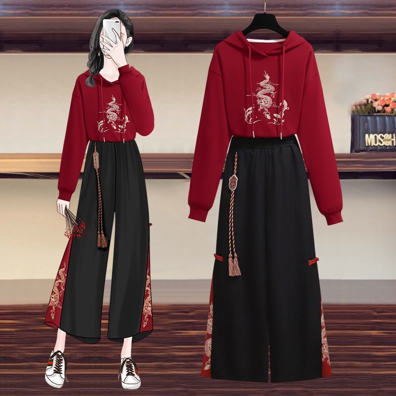 Traje rojo estilo chino Primavera/Novedad de verano moda suelta cuello redondo con capucha Top cintura alta pantalones de pierna ancha conjunto de dos piezas para mujer