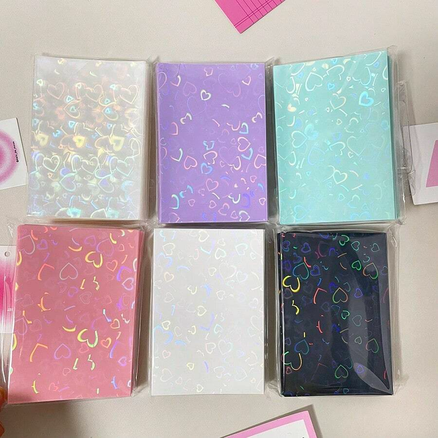 50pcs Colorful Laser heart Card Film Heart-Shaped Glittering Protection for ID Student Game Cards PVC Card Sleeves