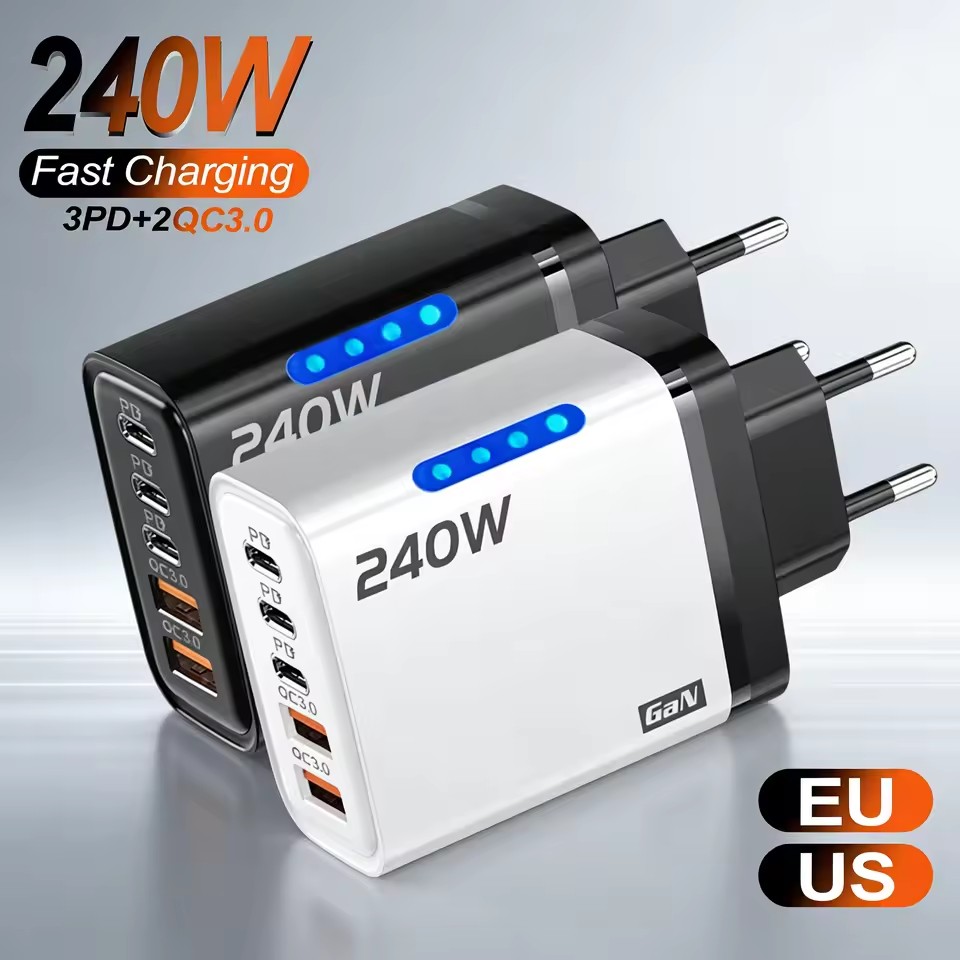 5 IN 1 GaN Desktop Charger For iPhone17 16Pro Laptop Samsung 240W Fast Charging Adapter 10A USB To Type-C Cable 3PD 2USB Charger
