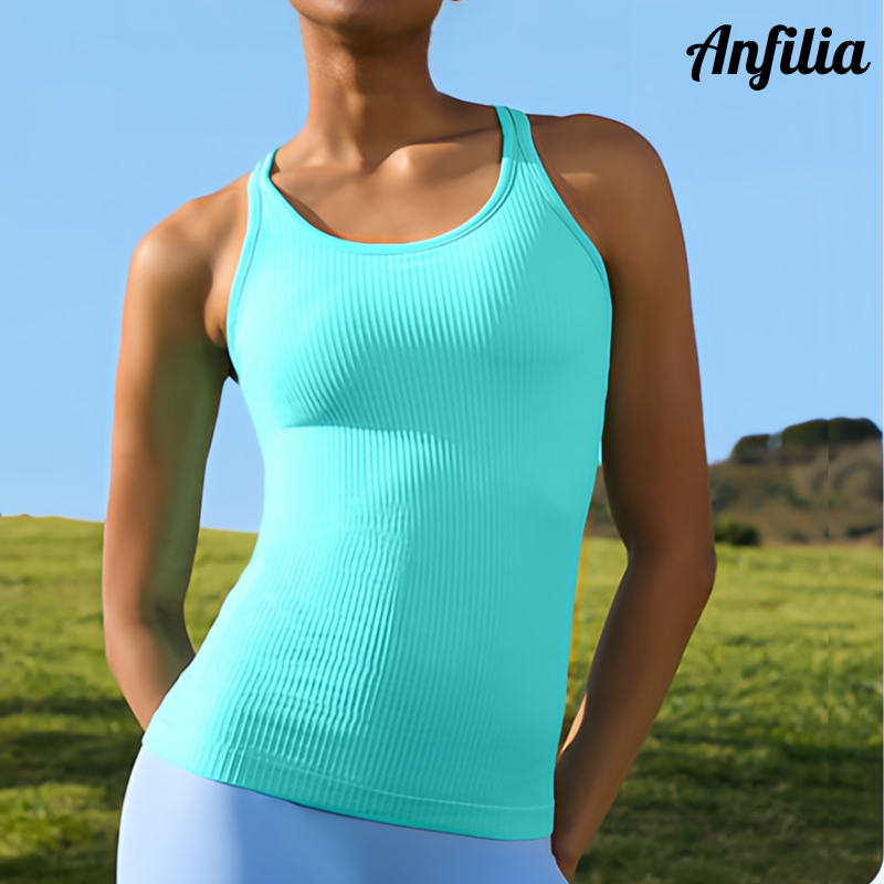 Anfilia Seamless Women Yoga Tank Tops Built-in Bras High Stretchy Knit Ribbed Racerback Hip Length Scoop Neck Tight Workout Tops