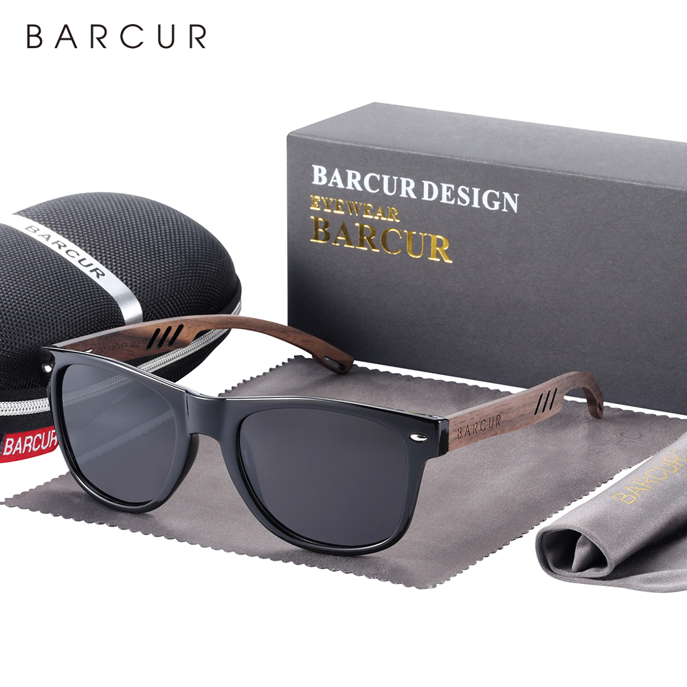 BARCUR วอลนัทสีดําแว่นตากันแดดผู้ชายไม้แว่นตากันแดด Man แว่นตาแว่นตาโพลาไรซ์ UVA & B ป้องกันแว่นตาเป็นมิตรกับสิ่งแวดล้อม